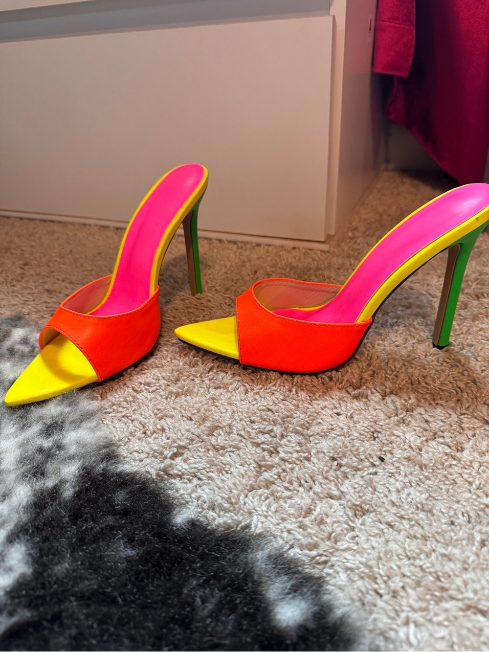 Neon Multi-Color Stiletto Slide Heels - Pink, Orange & Yellow